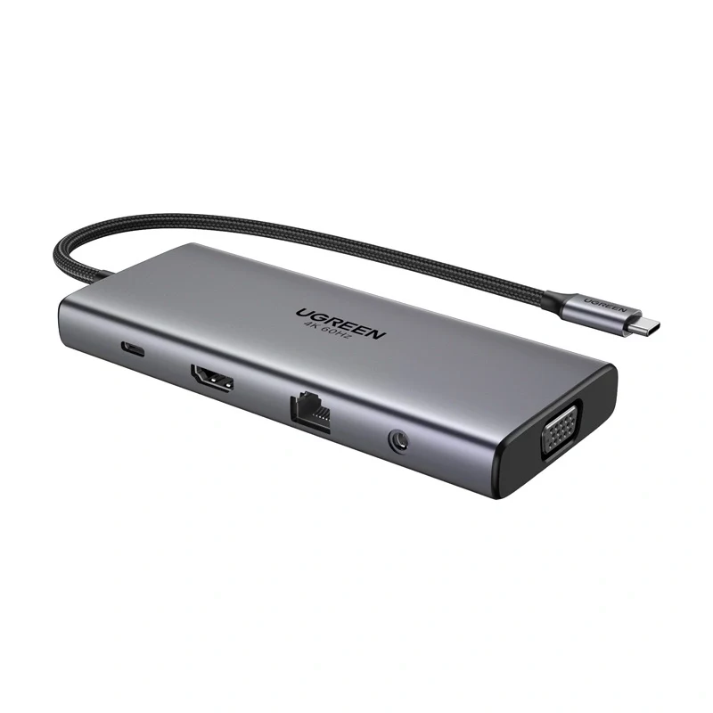 Ugreen CM639 USB-C-Hub, HDMI, VGA, 2x USB-C 3.2 10 Gbps, 2x USB, SD/TF, RJ45, Aux 3,5 mm, PD, 4K 60 Hz