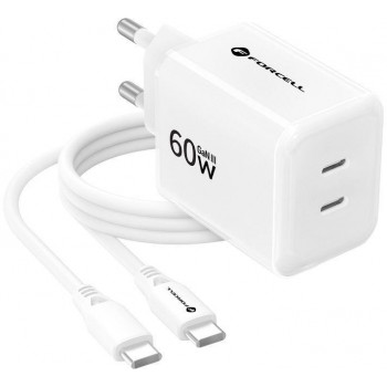 Forcell F-Energy GaN III Crystal Color VT-60 60W PD QC 4.0 2x USB-C Wandladegerät weiß + Kabel
