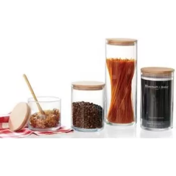 Ritzenhoff & Breker FAIA Vorratsglas, rund, 0,6 l, Glas, zylindrisch, Buchenholzdeckel mit Silikon, 3 Stück