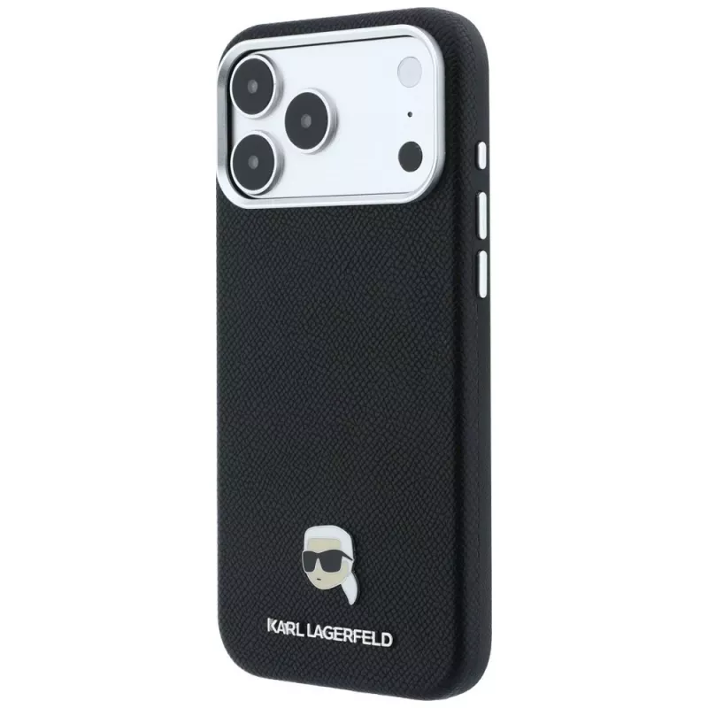 Karl Lagerfeld Genarbte Karl Head Metall MagSafe Hülle für iPhone 18 Pro Max / 17 Pro Max, Schwarz
