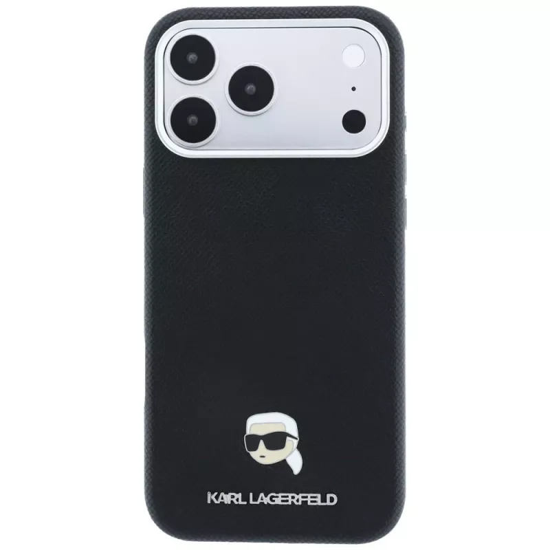 Karl Lagerfeld Genarbte Karl Head Metall MagSafe Hülle für iPhone 18 Pro Max / 17 Pro Max, Schwarz