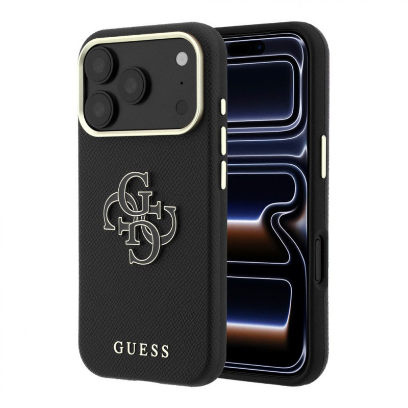 Guess SW genarbtes PU- & großes Resin-Logo-Case für Apple iPhone 18 Pro, Schwarz