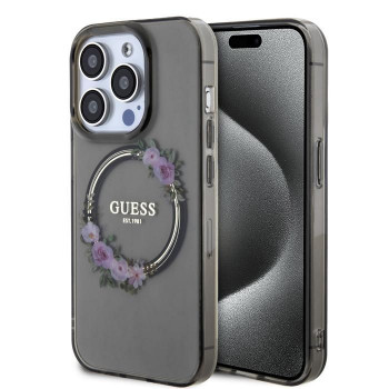 Guess PC/TPU Flowers Ring Glossy Logo MagSafe Hülle für Apple iPhone 15 Pro, transparent schwarz (GUHMP15LHFWFCK)