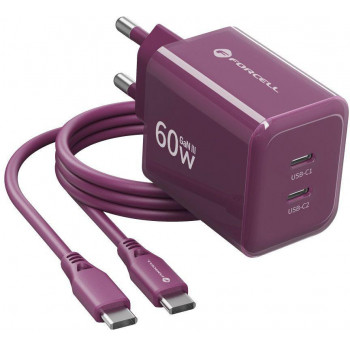 Forcell F-Energy GaN III VT-60 60W PD QC 4.0+ 2x USB-C burgunderfarbenes Netzteil + USB-C-Kabel