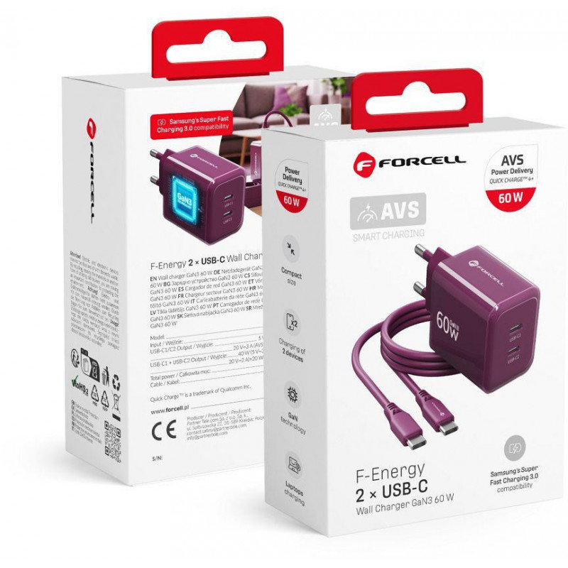 Forcell F-Energy GaN III VT-60 60W PD QC 4.0+ 2x USB-C burgunderfarbenes Netzteil + USB-C-Kabel