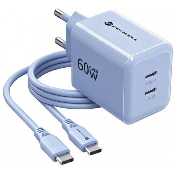 Forcell F-Energy GaN III VT-60 60W PD QC 4.0+ 2x USB-C Netzteil blau + USB-C Kabel