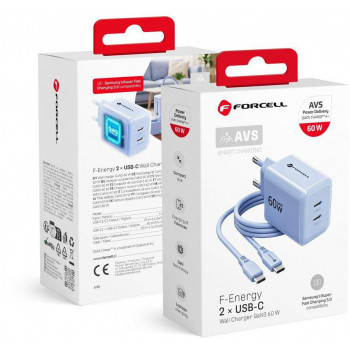 Forcell F-Energy GaN III VT-60 60W PD QC 4.0+ 2x USB-C Netzteil blau + USB-C Kabel