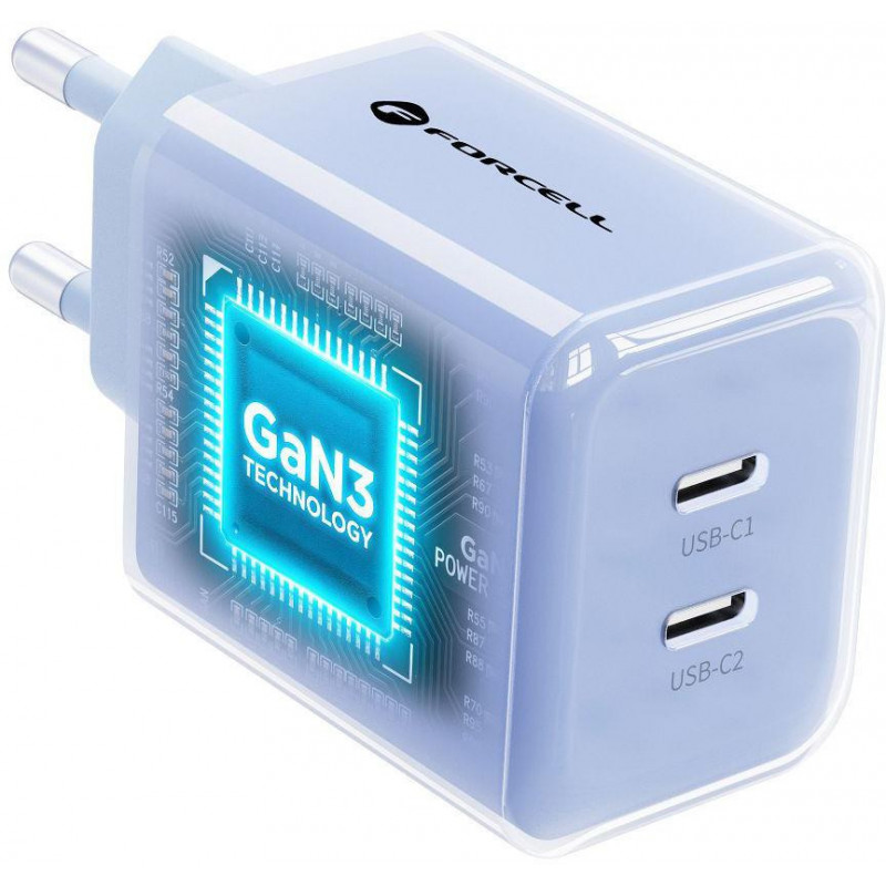 Forcell F-Energy GaN III VT-60 60W PD QC 4.0+ 2x USB-C Netzteil blau + USB-C Kabel