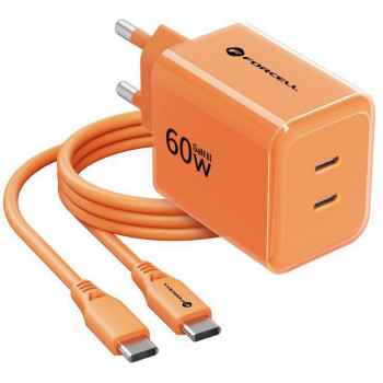 Forcell F-Energy GaN III VT-60 60W PD QC 4.0+ 2x USB-C Netzteil orange + USB-C Kabel