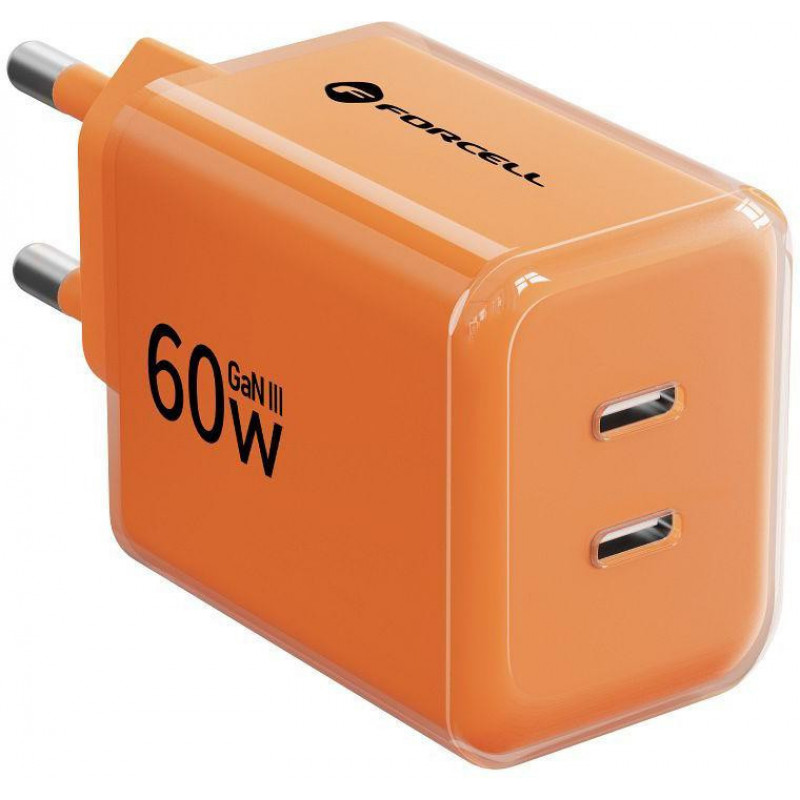 Forcell F-Energy GaN III VT-60 60W PD QC 4.0+ 2x USB-C Netzteil orange + USB-C Kabel