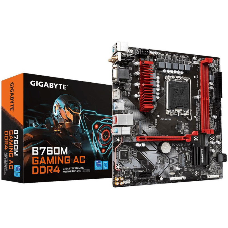 GIGABYTE B760M GAMING AC DDR4 Mainboard, Intel Core 14. Gen., 6+2+1 Phasen VRM, DDR4 bis 5333 MHz (OC), 2x M.2 PCIe 4.0, Wi-Fi 802.11ac, 2,5GbE LAN
