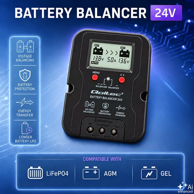 Qoltec Spannungsausgleicher 24V für 2 x 12V Batterien | 5A | AGM GEL LiFePO4 | LCD