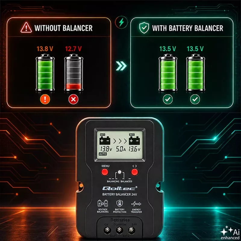 Qoltec Spannungsausgleicher 24V für 2 x 12V Batterien | 5A | AGM GEL LiFePO4 | LCD