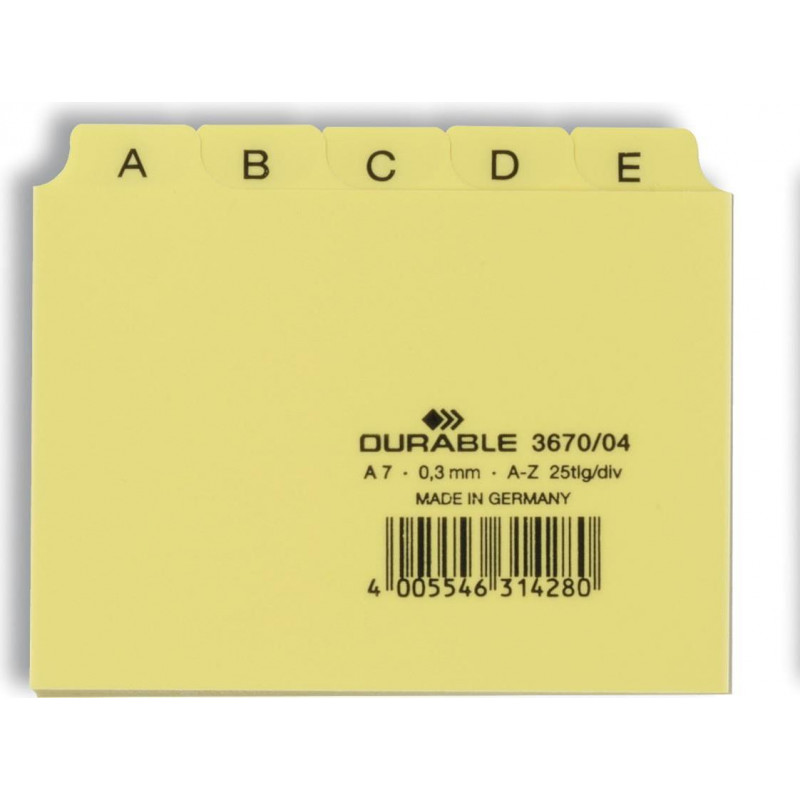 Durable A-Z Register für A7 Karteikästen, geprägtes PP, gelb
