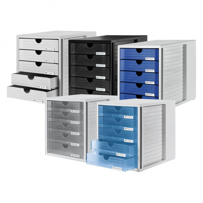 HAN 1450-64 DIN A4 Schubladenbox, 5 geschlossene Schubladen, Transluzentblau/Hellgrau, 27,5 x 33 x 32 cm
