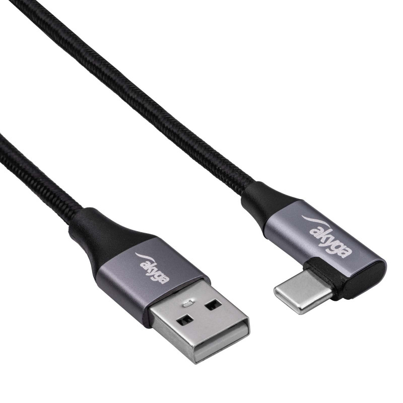 Akyga AK-USB-74 USB-A auf gewinkeltes USB-C geflochtenes Kabel, USB 2.0, 60 W, 1 m, Schwarz