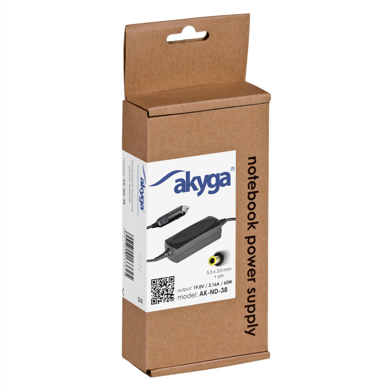 Akyga AK-ND-38 Kfz-Notebook-Netzteil 19 V / 3,16 A, 60 W, 5,5 x 3,0 mm + Pin, für Samsung