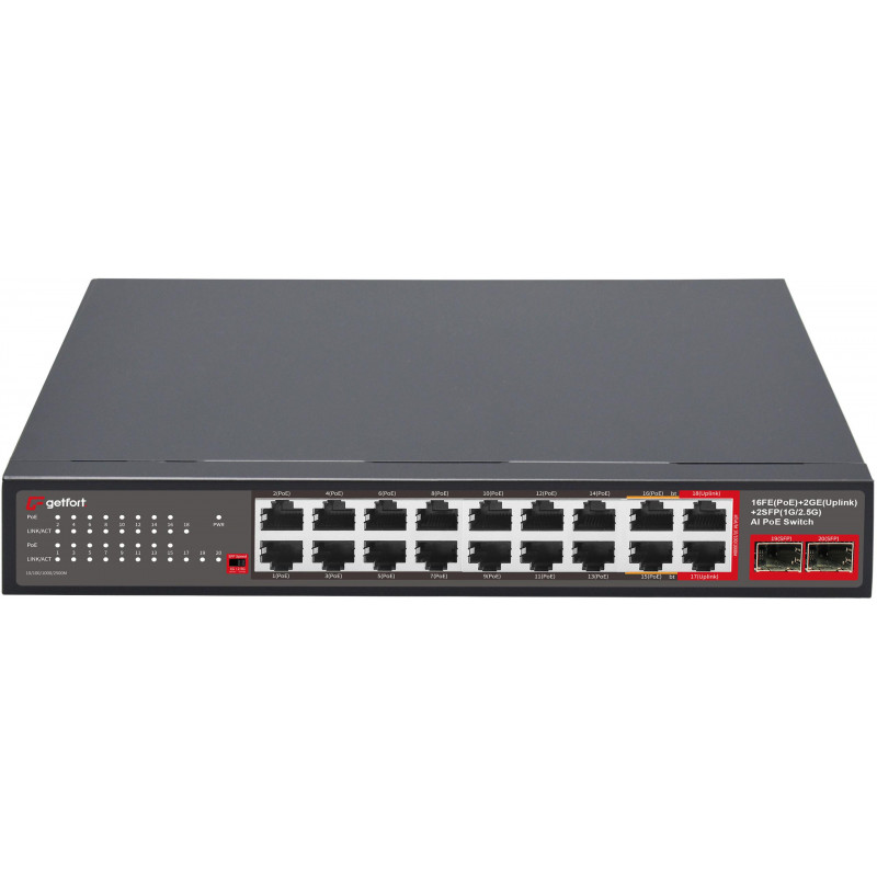 Getfort GF-120G-16P-240 PoE-Switch, 16 x 10/100 PoE + 2 x GE + 2 x SFP, 240 W
