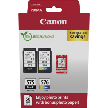 Canon PG-575/CL-576 Photo Value Pack, Tintenpatronen Schwarz + Farbe (2 Stück) mit Fotopapier