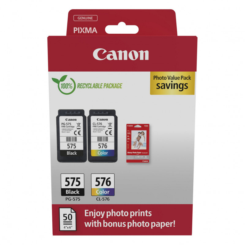 Canon PG-575/CL-576 Photo Value Pack, Tintenpatronen Schwarz + Farbe (2 Stück) mit Fotopapier
