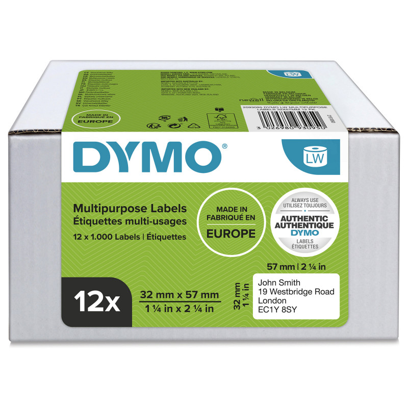 DYMO 2093095 LabelWriter Mehrzwecketiketten, 32 x 57 mm, 12 Rollen, weiß