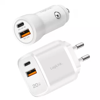LogiLink PA0374 USB-A/C-Ladeset, 20 W, 1x USB-A und 1x USB-C, weiß