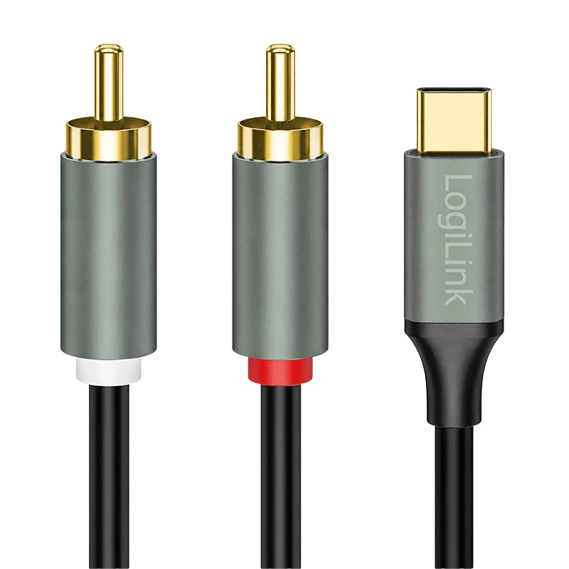 LogiLink CUA0140 USB 2.0 Type-C auf 2x Cinch Kabel, Stereo-Audio, Aluminium, schwarz/silber, 1 m