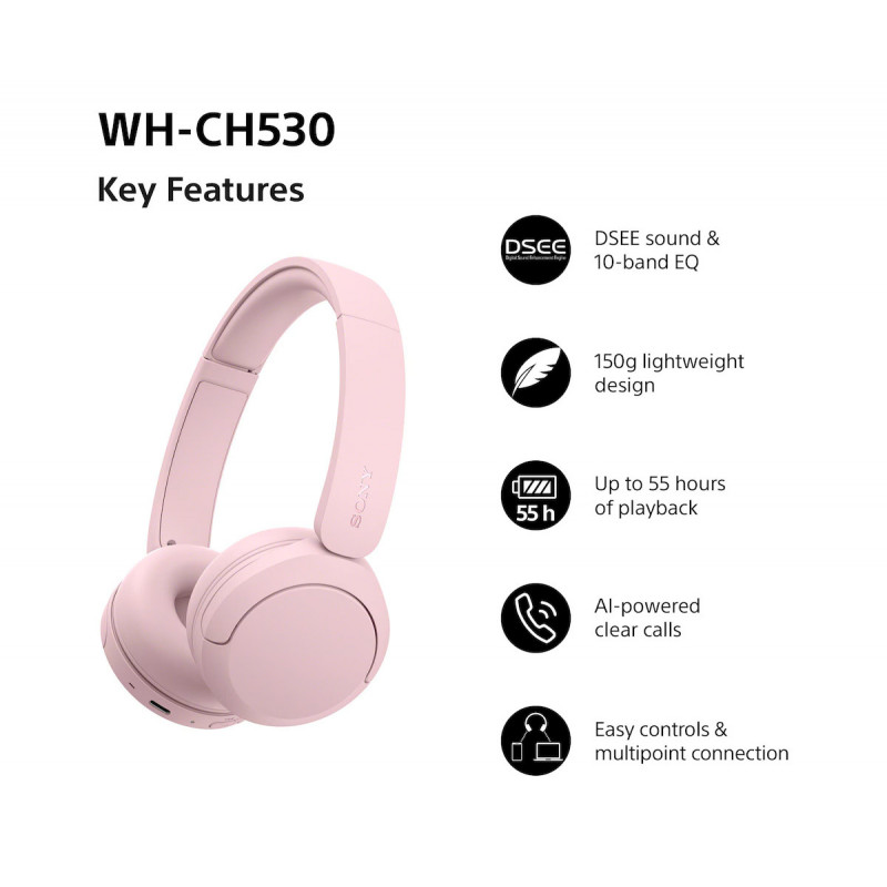 Sony WH-CH530 Bluetooth On-Ear-Kopfhörer mit Mikrofon, Geräuschreduzierung, rosa