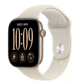 Apple Watch Series 12 GPS + Cellular Smartwatch, 42 mm, hellgoldenes Aluminiumgehäuse, sandfarbenes Sportarmband S/M