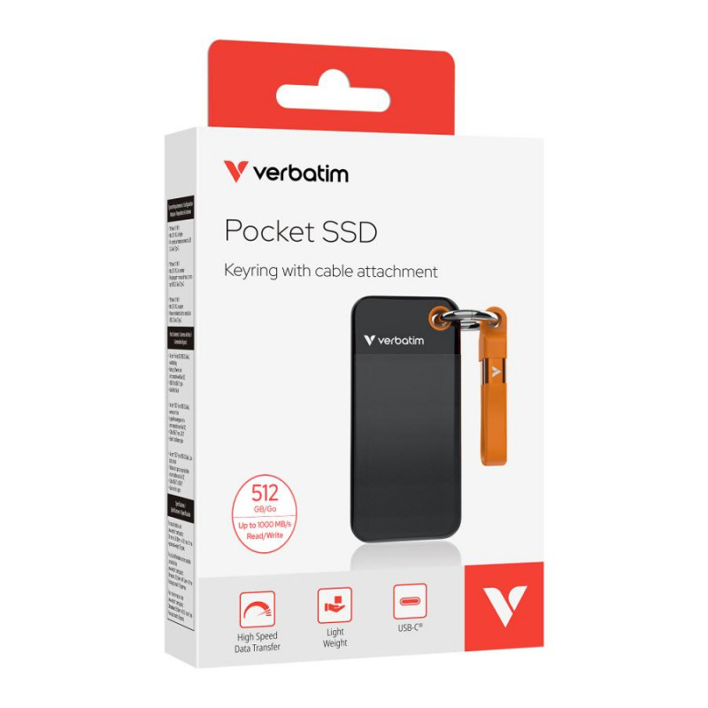 Verbatim Pocket 32285 tragbare SSD, 512 GB, USB 3.2 Typ-C, schwarz/orange