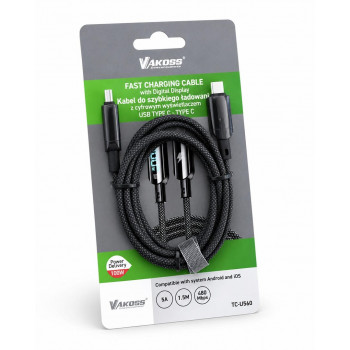 Vakoss TC-U560 USB-C-auf-USB-C-Kabel mit digitalem Display, 100 W, 1,5 m, schwarz