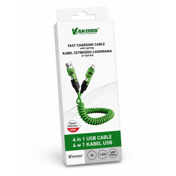 Vakoss MLU680G 4-in-1-Kabel, 1,5 m, 60 W, 3 A, QC/PD, grün