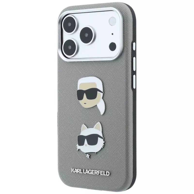 Karl Lagerfeld KF003253 Hülle Saffiano mit Karl & Choupette Heads Pins und Logo für iPhone 18 Pro / 17 Pro, grau