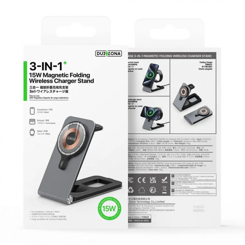 Duzzona W22 3-in-1 magnetisches kabelloses Ladegerät, grau