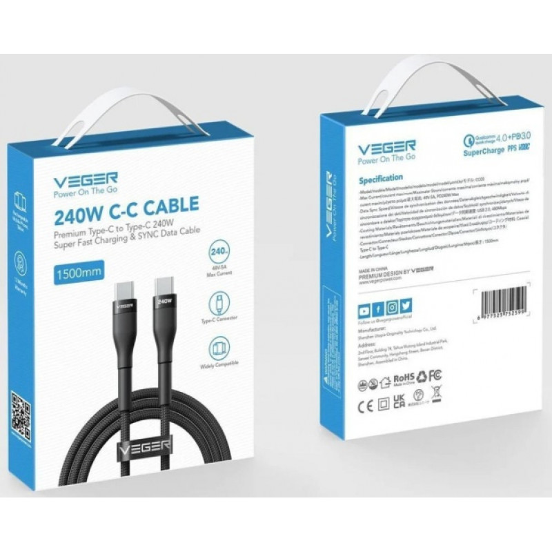 Veger CC03 USB-C-auf-USB-C-Kabel, PD 48 V 5 A 240 W, 1,5 m, schwarz