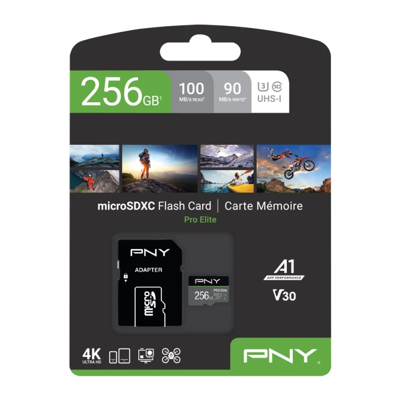PNY PRO Elite P-SDU256V31100PRO-GE microSDXC-Speicherkarte, 256 GB, UHS-I U3, A1, V30, mit SD-Adapter