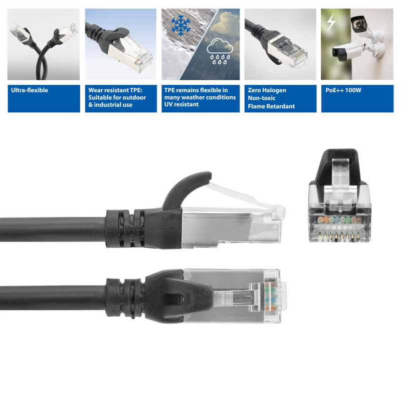 ACT FC2952 S/FTP CAT6A Patchkabel ultraflexibel, 0,25 m, TPE, mit Schutztüllen gegen Verhaken, schwarz