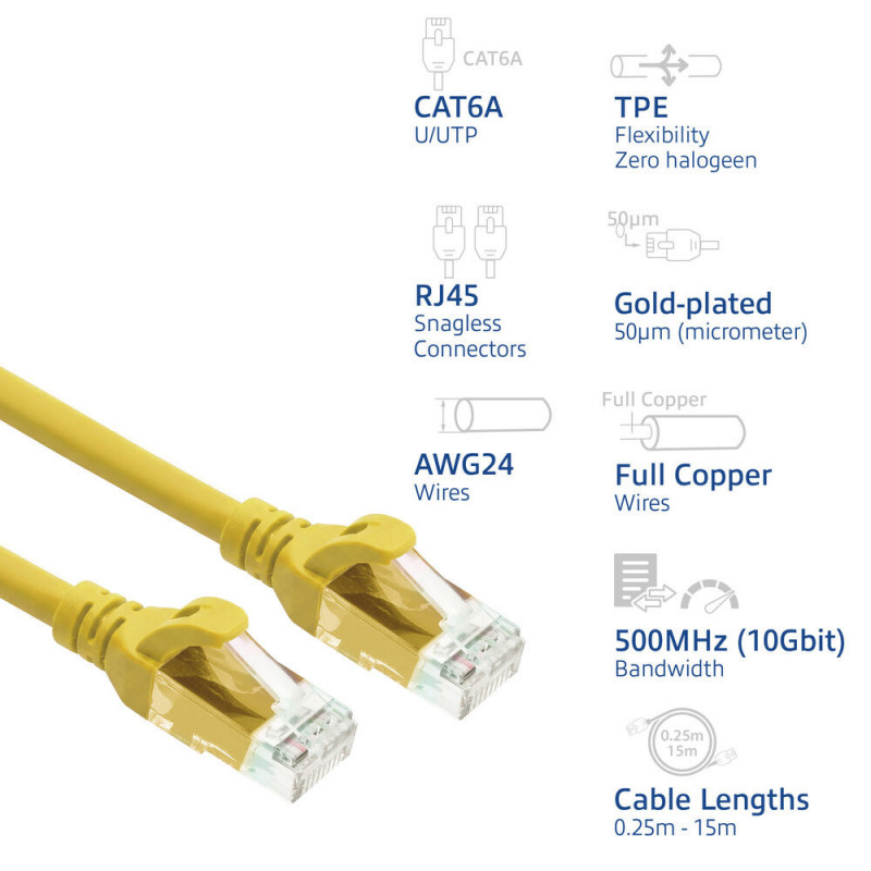 ACT FC1810 U/UTP CAT6A TPE ultraflexibles Patchkabel mit RJ45-Steckern, 10 m, gelb