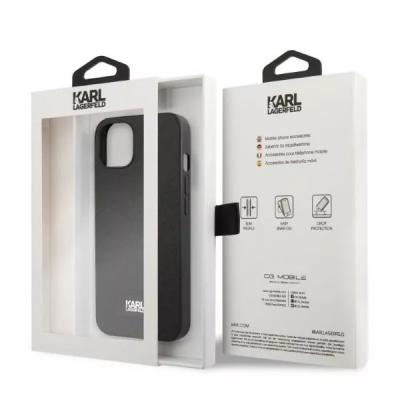 Karl Lagerfeld KLHCP13MSFMP2K Hardcase für iPhone 13 / 14 / 15, Saffiano Plaque, schwarz