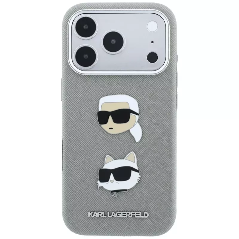 Karl Lagerfeld Saffiano Hülle mit Karl & Choupette Heads Pins & Logo für iPhone 18 Pro Max / 17 Pro Max, grau