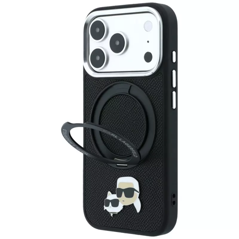 Karl Lagerfeld Ring Stand 360 Karl & Choupette Heads Pin MagSafe Hülle für iPhone 18 Pro Max / 17 Pro Max, schwarz