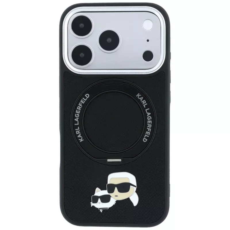 Karl Lagerfeld Ring Stand 360 Karl & Choupette Heads Pin MagSafe Hülle für iPhone 18 Pro Max / 17 Pro Max, schwarz