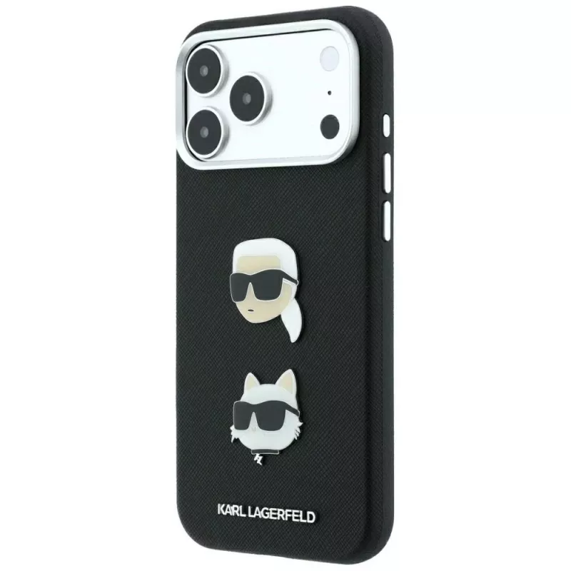 Karl Lagerfeld KF003250 Hülle für iPhone 18 Pro Max / 17 Pro Max, Saffiano with Karl & Choupette Heads Pins & Logo, schwarz