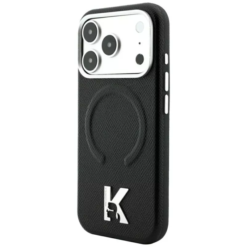 Karl Lagerfeld KF003257 Grained Embossed Ring & Kameo Logo MagSafe Hülle für iPhone 18 Pro / 17 Pro, schwarz