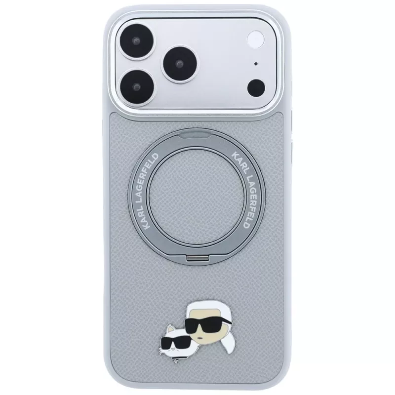 Karl Lagerfeld KF003229 Hülle mit 360-Ringständer Karl & Choupette Heads Pin MagSafe für iPhone 18 Pro / 17 Pro, grau