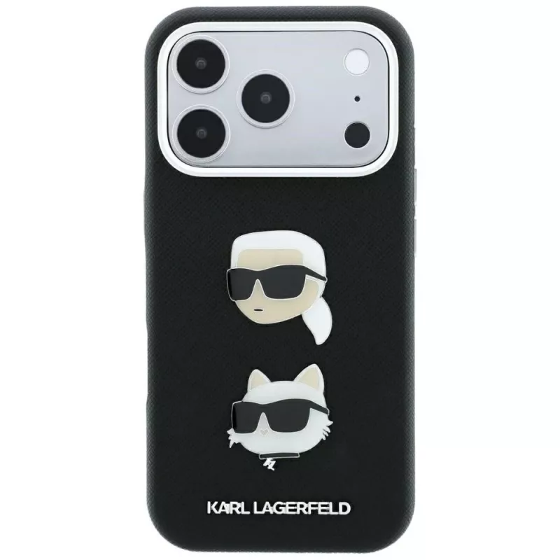 Karl Lagerfeld KF003249 Saffiano with Karl & Choupette Heads Pins & Logo Hülle für iPhone 18 Pro / 17 Pro, schwarz
