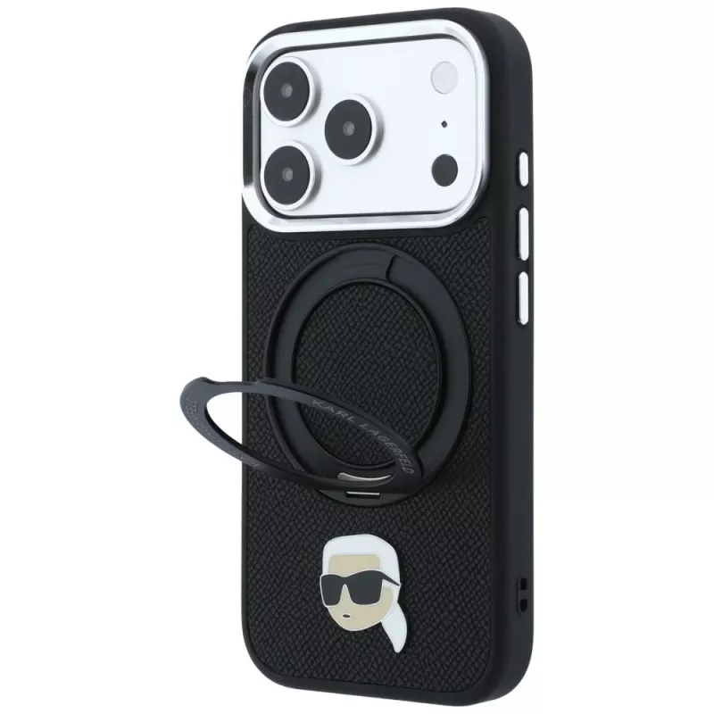 Karl Lagerfeld MagSafe Hülle mit Ringständer 360 und Karl Head Pin für iPhone 18 Pro / 17 Pro, schwarz
