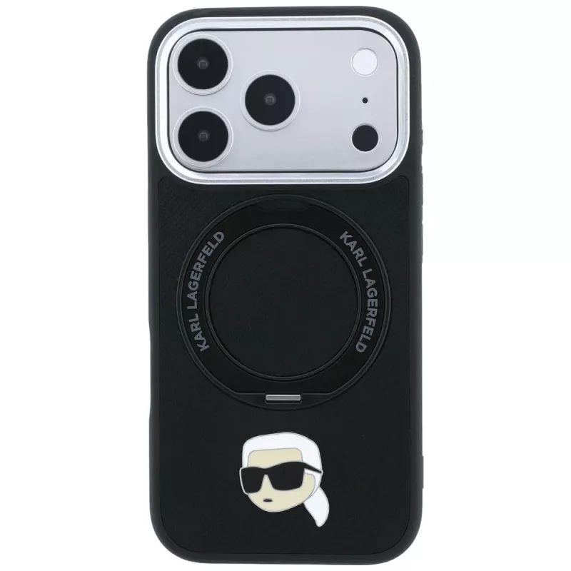 Karl Lagerfeld MagSafe Hülle mit Ringständer 360 und Karl Head Pin für iPhone 18 Pro / 17 Pro, schwarz