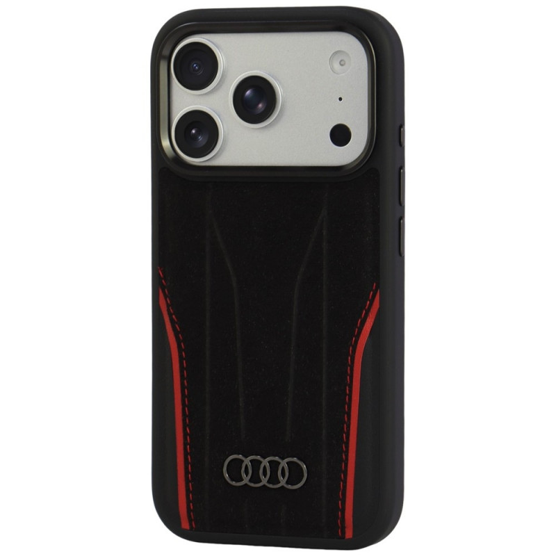 Audi R8 Genuine Leather MagSafe Hülle aus echtem Leder für iPhone 18 Pro / 17 Pro, schwarz-rot (AUDI000239)