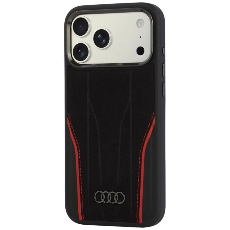 Audi R8 Genuine Leather MagSafe Hülle aus echtem Leder für iPhone 18 Pro Max / 17 Pro Max, schwarz-rot (AUDI000240)